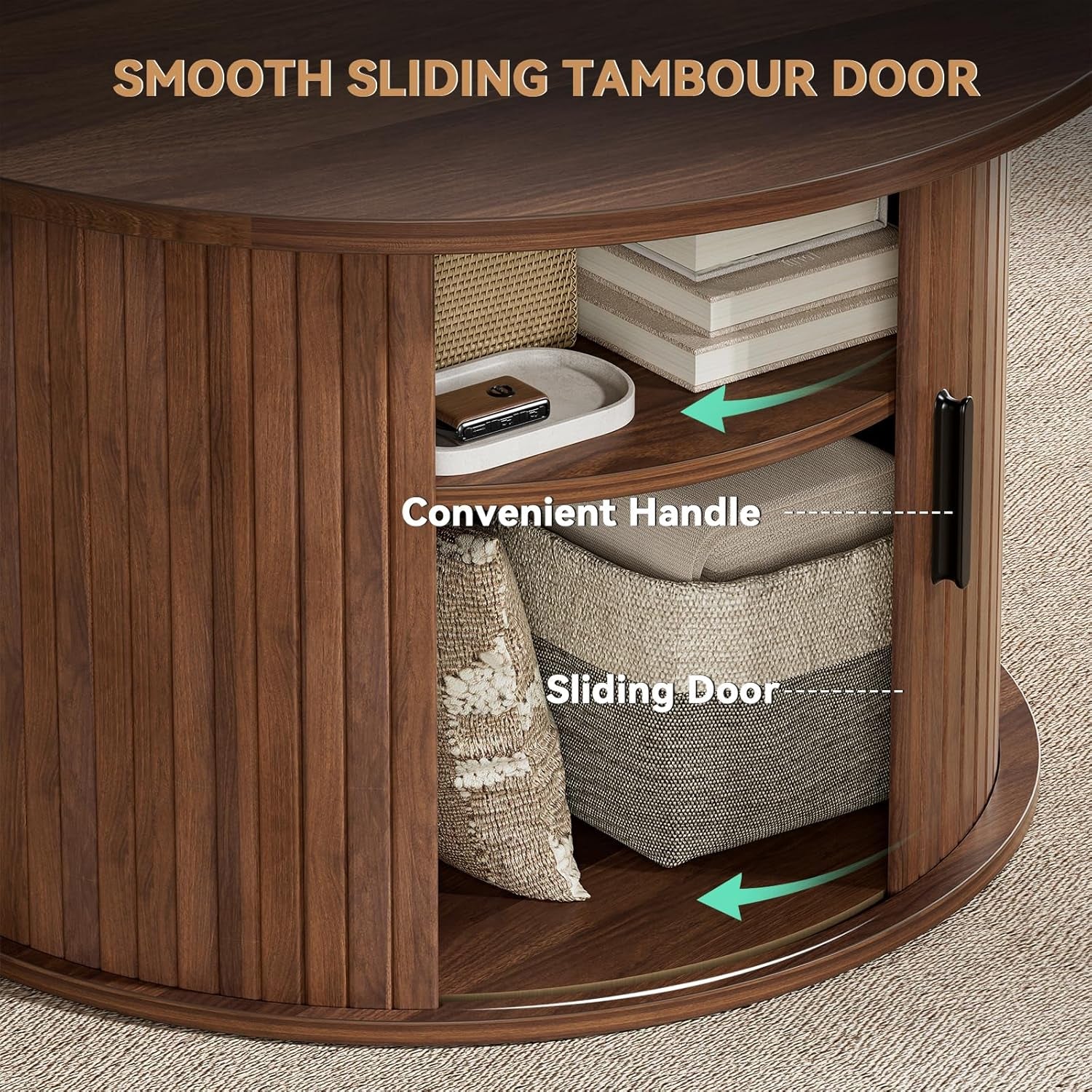 round Lift Top Coffee Table, Fluted Wood Accent Coffee Table with Hidden Storage and Open Shelves, Drum Table with Sliding Rolling Door, Small Center Table Dining Table for Living Room, Walnut