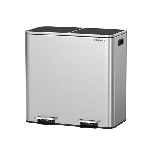 SONGMICS Trash Can, 2 x 10.6 Gallon (2 x 40 L) Garbage Can for Kitchen, with 15 Trash Bags, 2 Compartments, Plastic Inner Buckets and Hinged Lids, Airtight, Silver and Black ULTB730E80