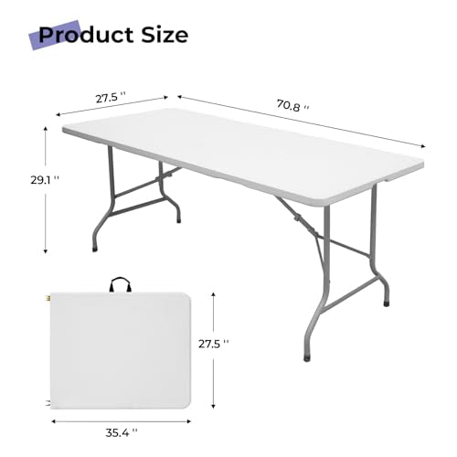 Folding Table 6ft Portable Heavy Duty Plastic Fold-in-Half Utility Foldable Table Plastic Dining Indoor Outdoor for Camping, Picnic and Party, White