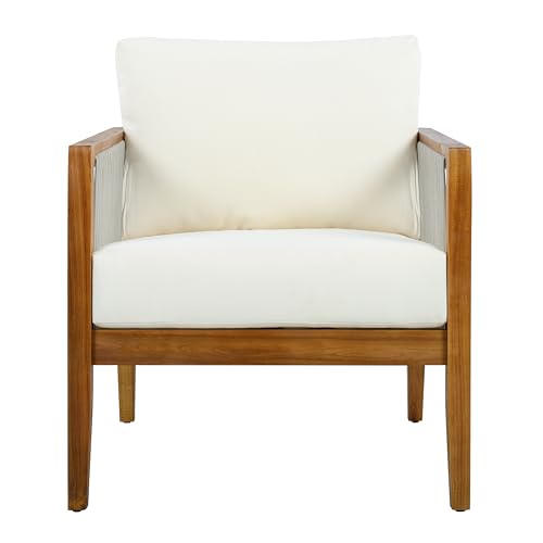 Lalulu Acacia Wood Lounge Chair Outdoor with Removable Cushion, Solid Wood Patio Accent Chair with Woven Rope Accents, Patio Furniture Set Sofa Chair, Beige+Teak