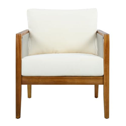 Lalulu Acacia Wood Lounge Chair Outdoor with Removable Cushion, Solid Wood Patio Accent Chair with Woven Rope Accents, Patio Furniture Set Sofa Chair, Beige+Teak