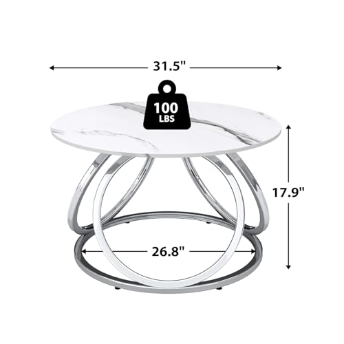 Silver Coffee Table, Round Coffee Table Faux Marble Veins, Modern Center Table with Chrome Finish, for Living Room, Home Office, 1 PC