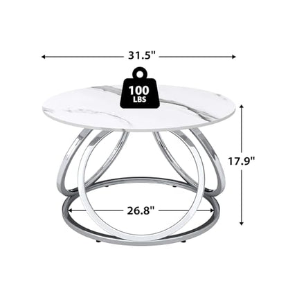 Silver Coffee Table, Round Coffee Table Faux Marble Veins, Modern Center Table with Chrome Finish, for Living Room, Home Office, 1 PC