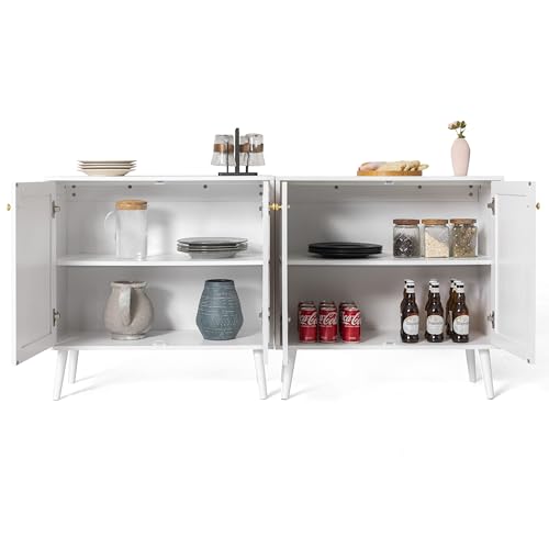 Boho Accent Storage Cabinet with Rattan Doors, Wood Grain Sideboard Buffet with Adjustable Shelves for Kitchen, Dining Room, Hallway, Living Room, Entryway, Coffee Bar, White