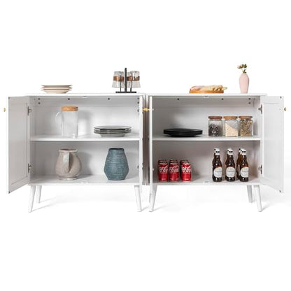 Boho Accent Storage Cabinet with Rattan Doors, Wood Grain Sideboard Buffet with Adjustable Shelves for Kitchen, Dining Room, Hallway, Living Room, Entryway, Coffee Bar, White