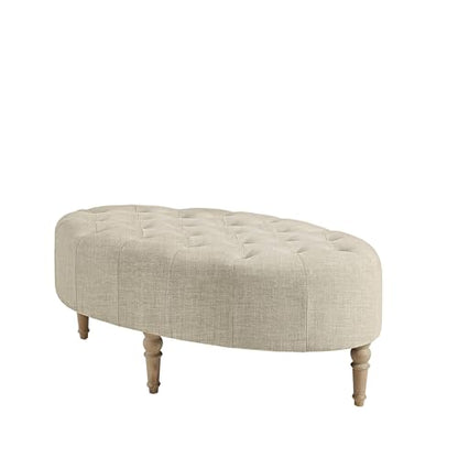 Clara Coffee Table - Solid Wood Frame, Soft Fabric, Button Tufted, Oval Large Accent Ottoman - Modern Foam Padded Top Footstool Cocktail Living Room Furniture, Linen