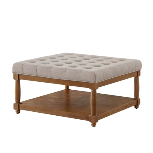 Upholstered Square Coffee Table with Wooden Shelf, Tufted Button Large Square Ottoman with Spindle Wooden Legs, Linen Large Footrest Ottoman Pouf for Living Room, Linen