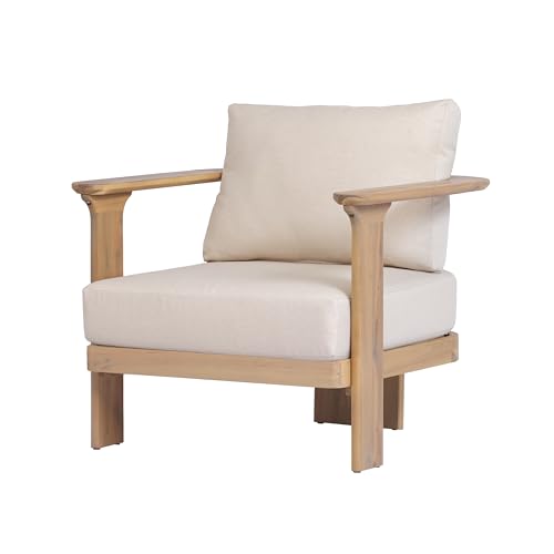 Kera Acacia Wood Lounge Chair Outdoor with Removable Cushion, Solid Wood Patio Accent Chair with Cushion, Patio Furniture Set Sofa Chair, Beige+Brown