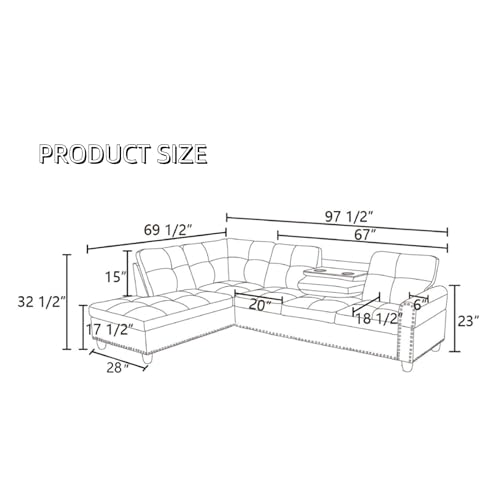 L-Shaped Sectional Sofa, Modern 4-Seat Couch with Built-in Cup Holders, Upholstered Fabric Sectional Couch with Left Facing Chaise for Living Room, Apartment, Office, Brown