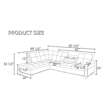 L-Shaped Sectional Sofa, Modern 4-Seat Couch with Built-in Cup Holders, Upholstered Fabric Sectional Couch with Left Facing Chaise for Living Room, Apartment, Office, Brown