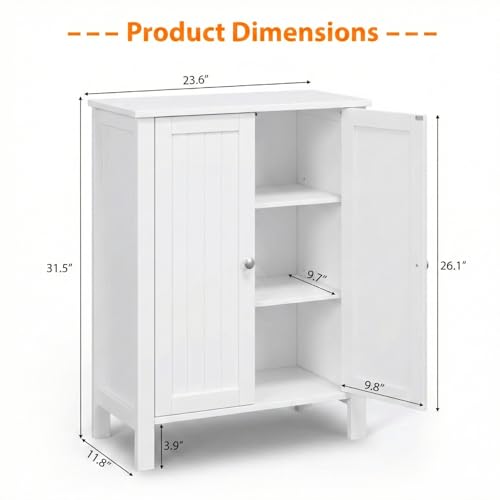 Bonnlo Bathroom Cabinet Free Standing Floor Storage with Double Door Adjustable Shelf Space Saver Decorative Modern Bathroom Furniture White