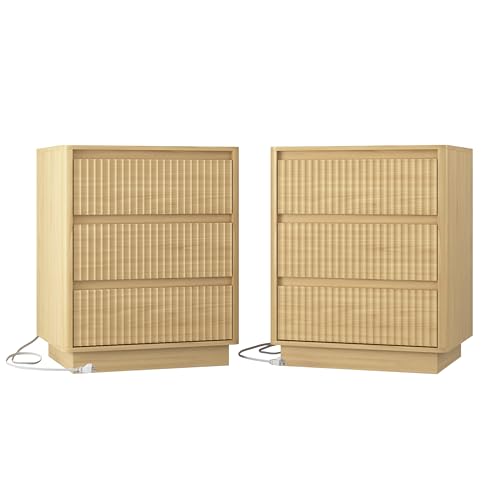 (Set of 2) End Table with Fast USB C Charging Station, Sofa Side Table with 3Drawers, Large Storage Modern Wood Storage Cabinet for Living Room,Bedroom,Office, Natura
