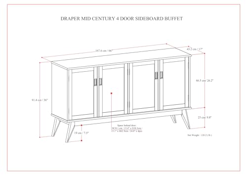 Draper 66" Wide Solid Wood 4-Door Buffet in Teak Brown, view 4