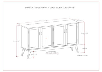 Draper 66" Wide Solid Wood 4-Door Buffet in Teak Brown, view 4