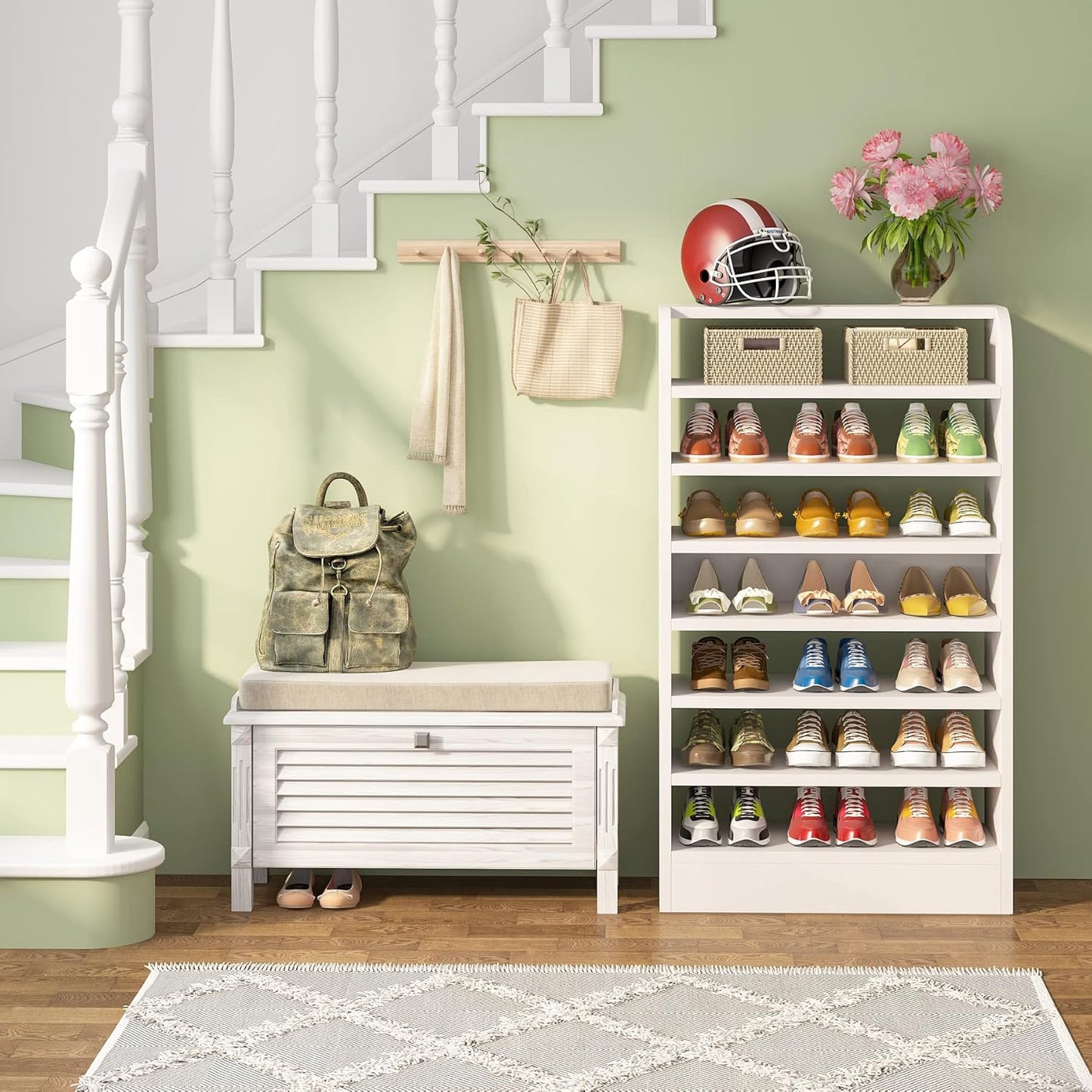 Shoe Rack, 8-Tier Tall Shoe Shelf, Wooden Shoe Storage Cabinet, White