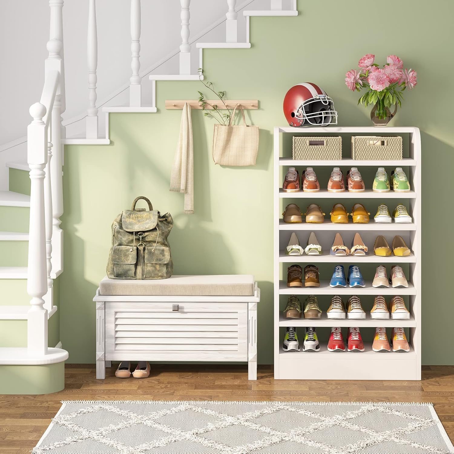 Shoe Rack, 8-Tier Tall Shoe Shelf, Wooden Shoe Storage Cabinet, White