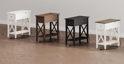 Farmhouse End Table with Charging Station, Accent Small Side Table Nightstand for Living Room, Bedroom, and Small Spaces, Soft White