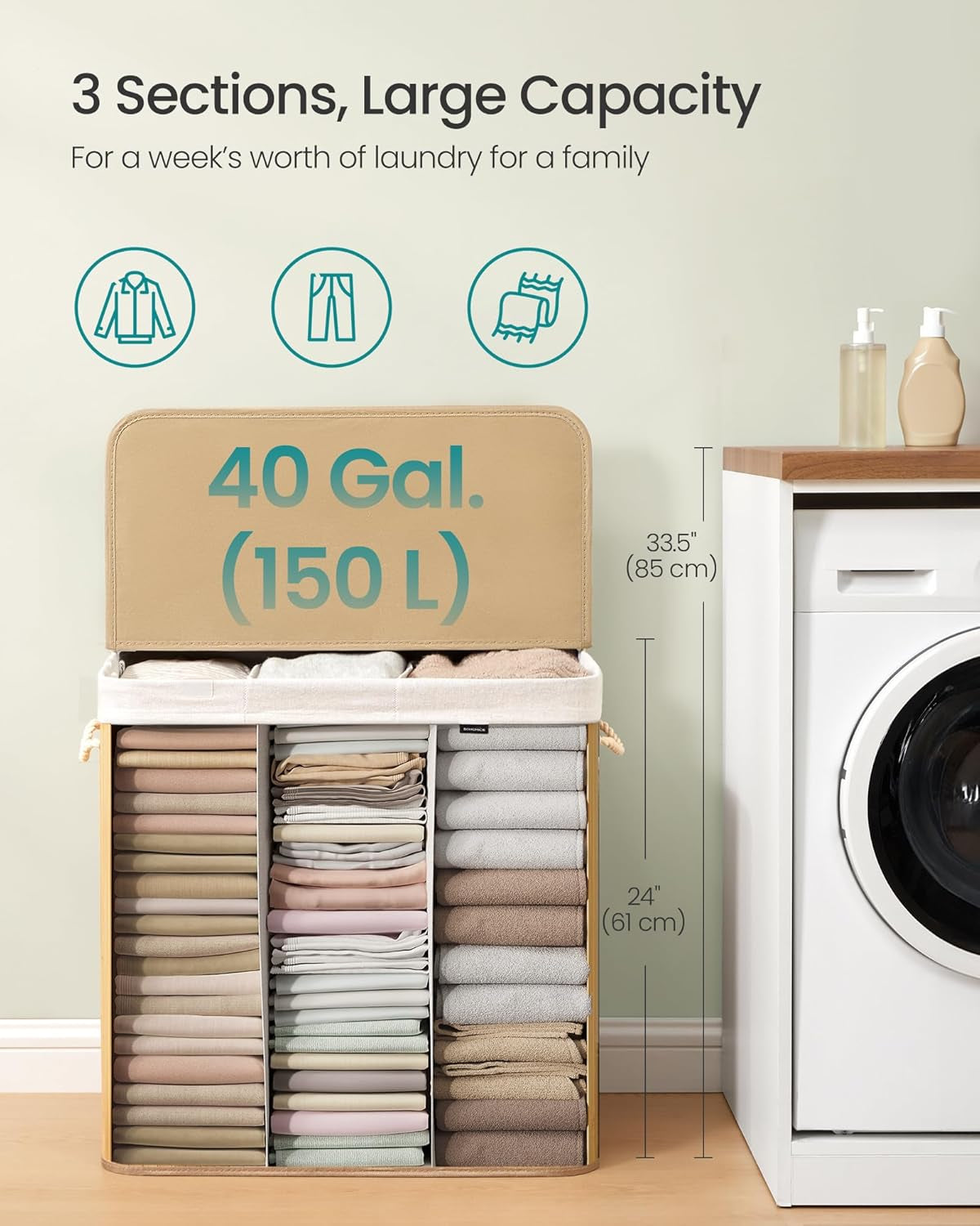 Laundry Hamper, 39.6 Gal. (150 L), 3-Section Laundry Basket, Laundry Hamper with Lid, Bamboo, Foldable, Removable and Machine Washable Liner, for Laundry Room, Bedroom, Natural ULCB091N01