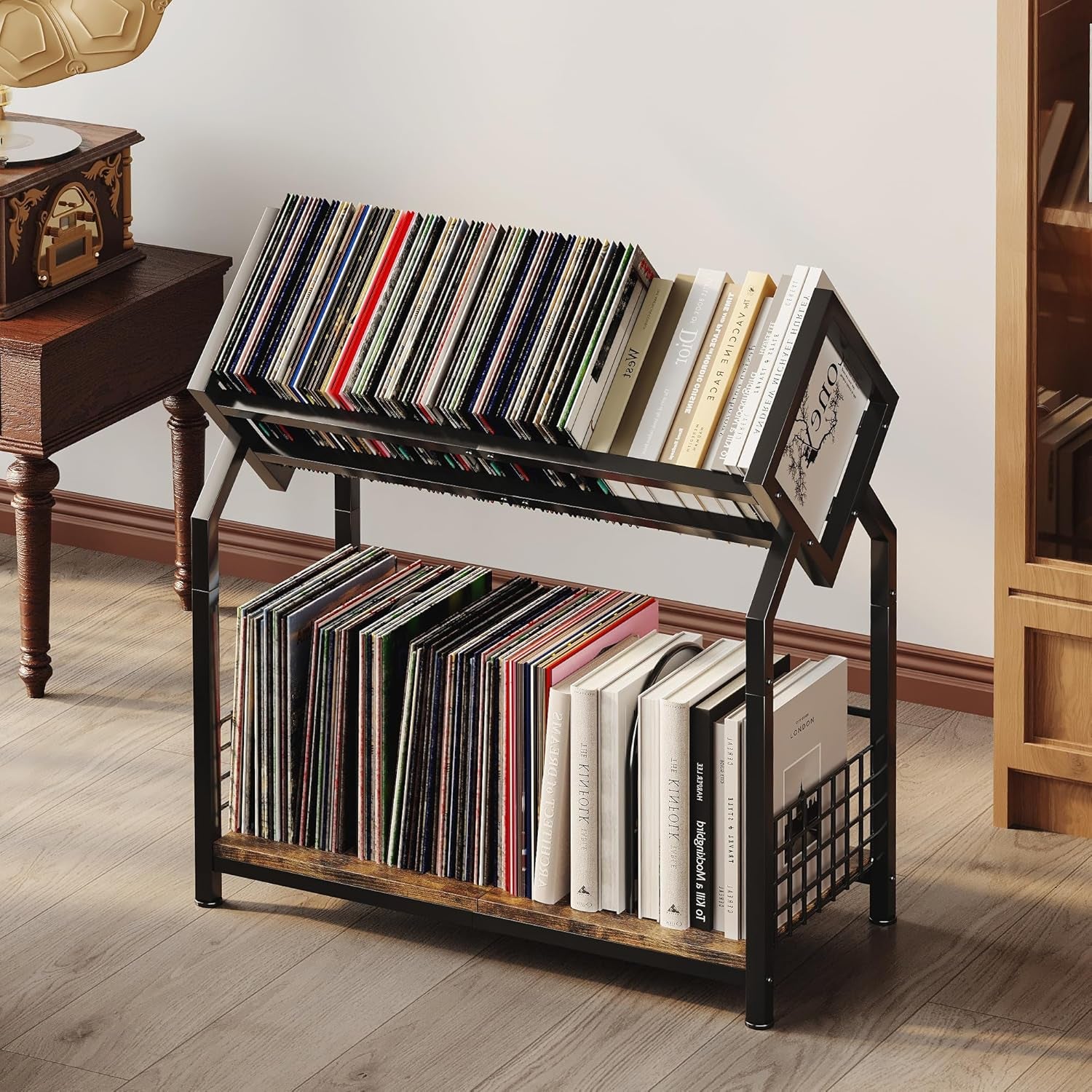 2-Tier Vinyl Record Storage Holder with Dividers, 24.4''W Vinyl Record Display, 300 Lps Vinyl Record Storage Rack, Suitable for Magazines, Books, Documents, Albums