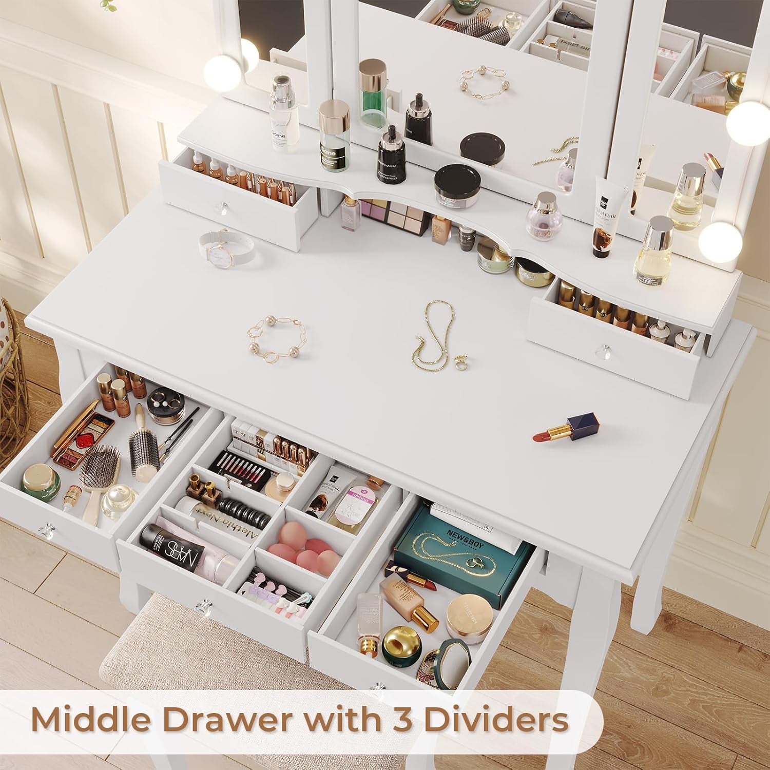 Vanity Table Set with Lighted Tri-Folding Mirror, Makeup Vanity with Lights & 3 Color Lighting Modes, Vanity Desk with Mirror and Cushioned Stool, Makeup Table with 5 Drawers, White