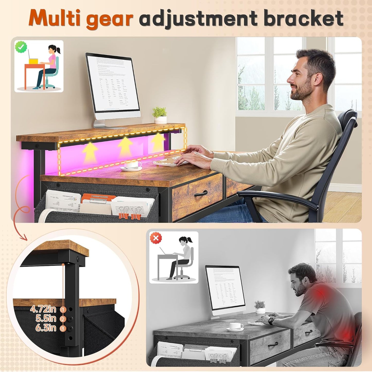 Gaming Desk with LED Lights with 2 Drawers, 31.5 Inch Desk Home Office Desk Computer Desk with Side Pocket & Ergonomic Monitor Stand, Small Space Study Writing Table with Anti-Tip Design, Rustic Brown