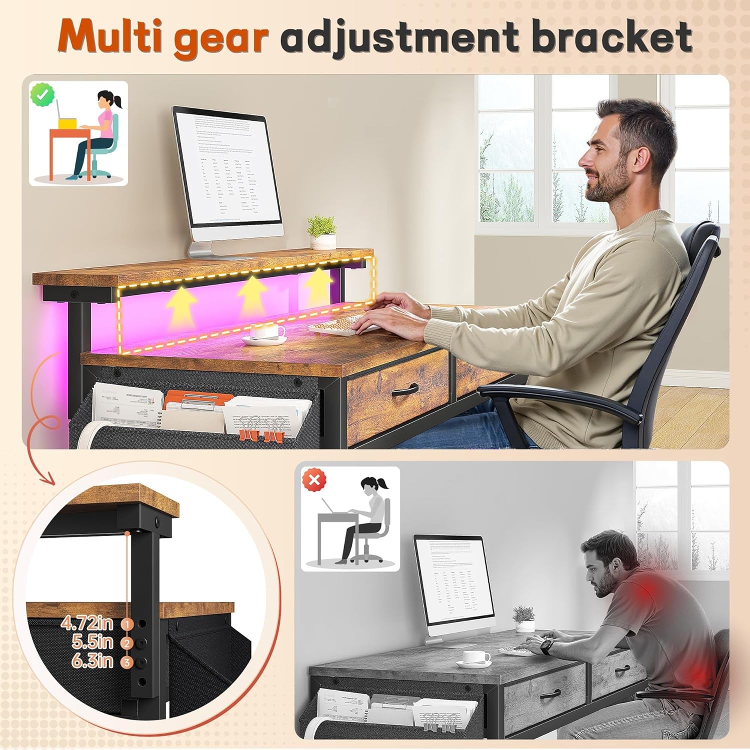 Gaming Desk with LED Lights with 2 Drawers, 31.5 Inch Desk Home Office Desk Computer Desk with Side Pocket & Ergonomic Monitor Stand, Small Space Study Writing Table with Anti-Tip Design, Rustic Brown