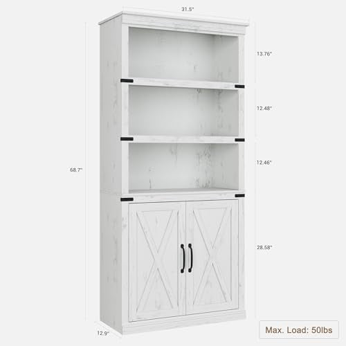 GAOMON Farmhouse Bookcases with Doors, 5 Tier Bookshelf with Storage, 70 inch Tall Bookshelf and Bookcase, Wooden Storage Cabinet for Living Room, Home, Office, Bedroom (White)