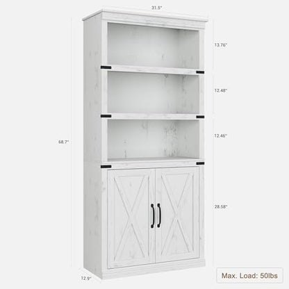 GAOMON Farmhouse Bookcases with Doors, 5 Tier Bookshelf with Storage, 70 inch Tall Bookshelf and Bookcase, Wooden Storage Cabinet for Living Room, Home, Office, Bedroom (White)