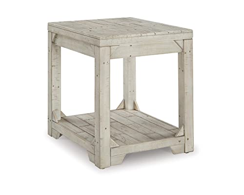 Signature Design by Ashley Fregine Farmhouse Rectangular End Table with Lower Open Shelf, Triangle Bracket Accents, Wood, 25.25" High, Weathered White