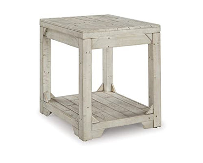 Signature Design by Ashley Fregine Farmhouse Rectangular End Table with Lower Open Shelf, Triangle Bracket Accents, Wood, 25.25" High, Weathered White