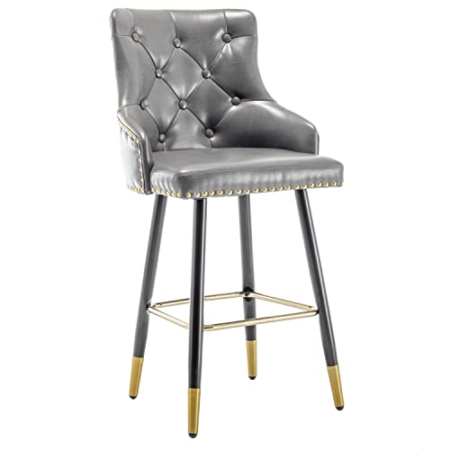 Set of 2 Premium upholstered Dining 26" High Back Stool Bar Chairs, Gray PU Leather Tufted Gold Nail Head Trim, (2)