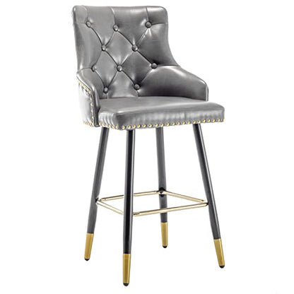 Set of 2 Premium upholstered Dining 26" High Back Stool Bar Chairs, Gray PU Leather Tufted Gold Nail Head Trim, (2)