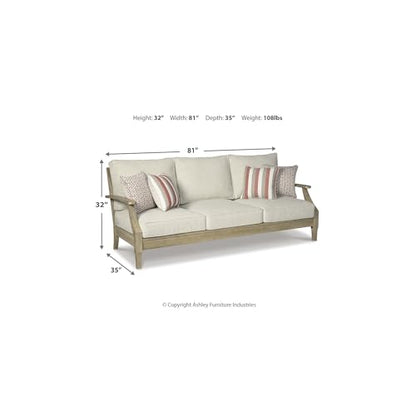 Signature Design by Ashley Clare View Outdoor Patio Sofa, 4 Throw Pillows, Nuvella Weather Resistant Fabric, Eucalyptus Wood, 81" W x 35" D x 32" H, Beige