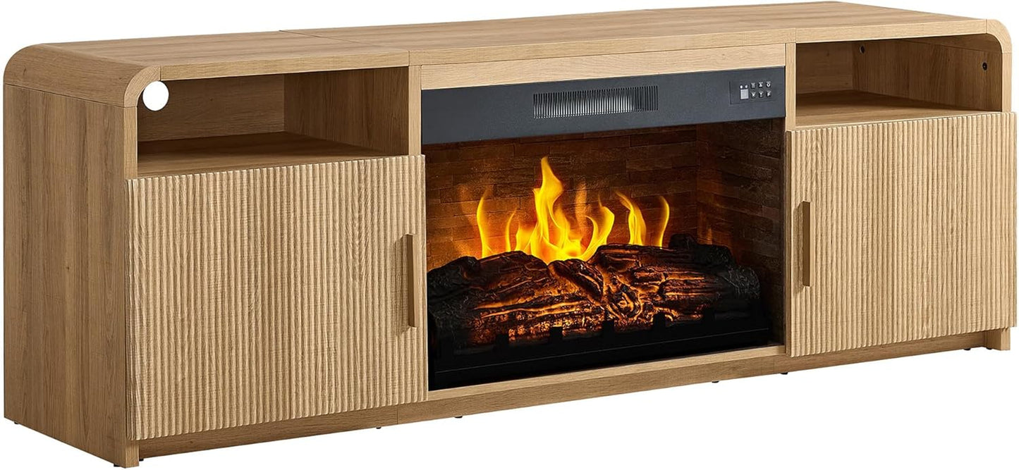 70" Fluted Fireplace TV Stand for Tvs up to 80", Modern TV Console with 30" Electric Fireplace & Storage Cabinets, Media Entertainment Center for Living Room, Natural Oak