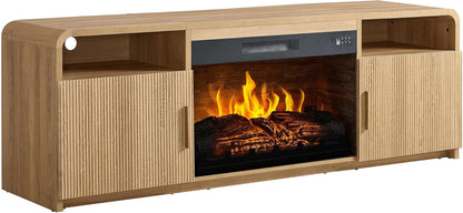 70" Fluted Fireplace TV Stand for Tvs up to 80", Modern TV Console with 30" Electric Fireplace & Storage Cabinets, Media Entertainment Center for Living Room, Natural Oak