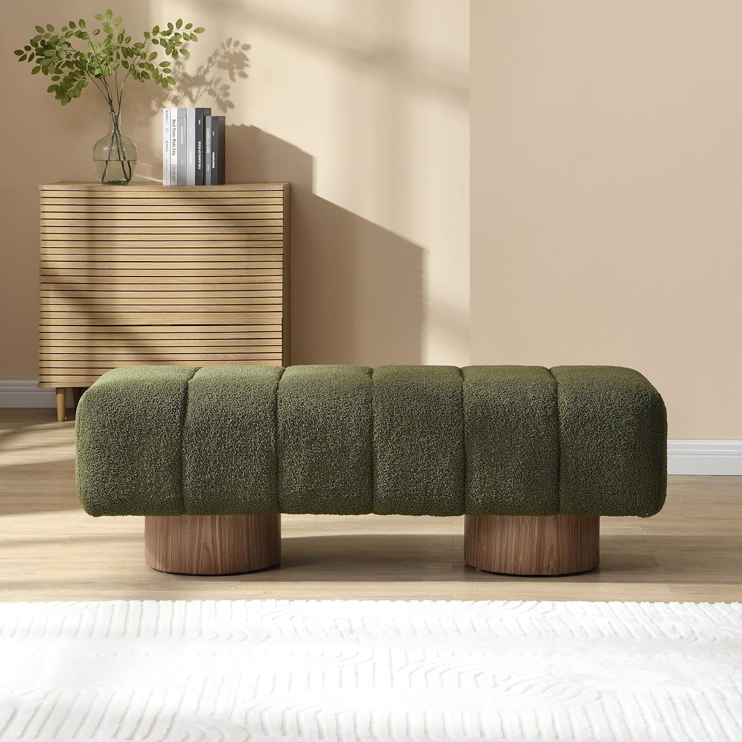 Manila 50" Boucle Fabric Dining Bench, Rectangular Upholstery Ottoman Bench, Bedroom End of Bed Footstool, Living Room Extra Seat Footrest, No Assembly Needed, Jungle Green