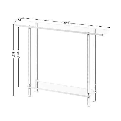 Acrylic Narrow Console Table for Entryway, 7.6" D x 39.4" W x 31.5" H, Square Legs, Skinny Entry Table for Sofa, Foyer, Hallway, Living Room, Modern, 2-Tier, Clear