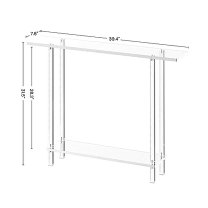 Acrylic Narrow Console Table for Entryway, 7.6" D x 39.4" W x 31.5" H, Square Legs, Skinny Entry Table for Sofa, Foyer, Hallway, Living Room, Modern, 2-Tier, Clear