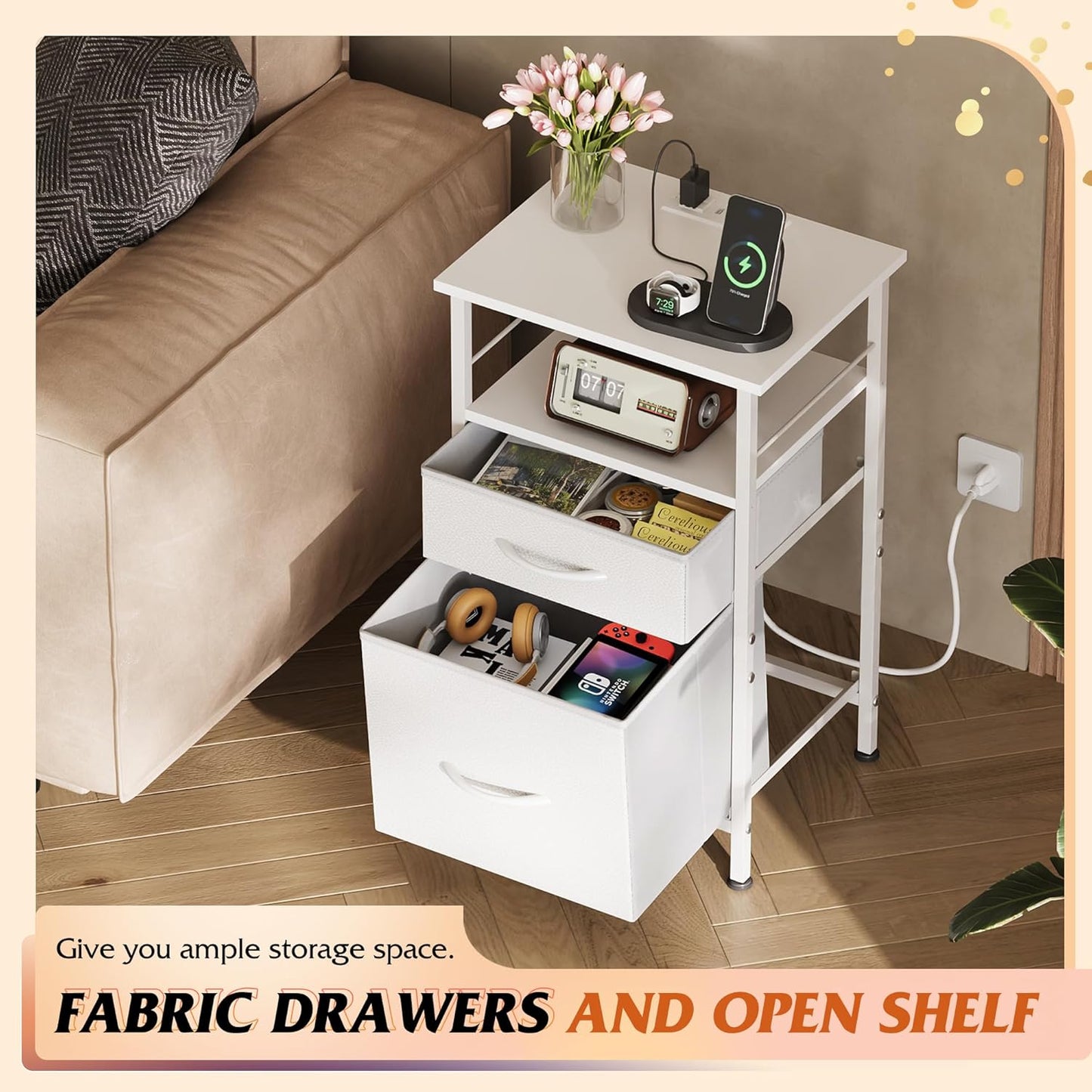 Night Stand Set 2, White Nightstand with Charging Station, Nightstands for Bedroom Set of 2, Bedside Tables, Side Table with 2 Fabric Drawers, Small Dresser with USB Ports and Outlets
