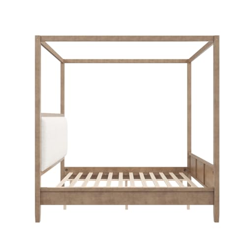 Canopy Bed King Size with Upholstered Headboard, Footboard, Natural, view 8