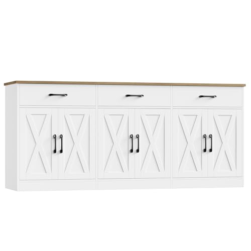 71" Large Sideboard Buffet Cabinet with Storage, Farmhouse Coffee Bar Cabinet with 3 Drawers, Long Kitchen Buffet Table, Kitchen Sideboard Storage Cabinet for Dining Room, Living Room, White