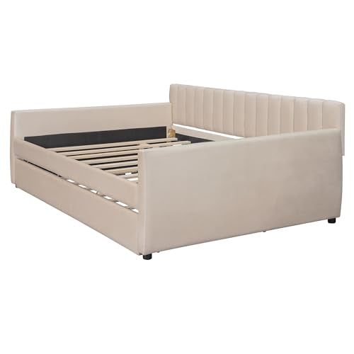 Full Size Daybed with Trundle, Upholstered Day Bed Frame Velvet Sofa Beds with Vertical Channel Tufted Headboard for Living Room, Bedroom, Beige