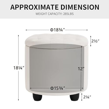 Round Storage Ottoman with Cover Lid Tufted, 19" Round Ottoman with Storage Faux Leather Ottomans for Living Room Bedroom Dorm (Ivory White)