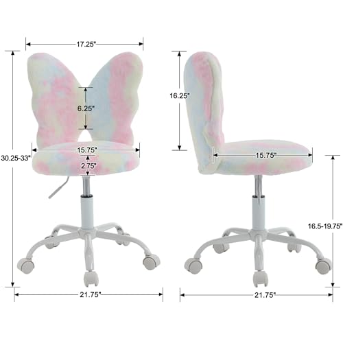 Kids Desk Chair, Faux Fur Butterfly Chair with Wheels Adjustable Cute Swivel Kids Office Chair for Bedroom Reading Room - Colorful