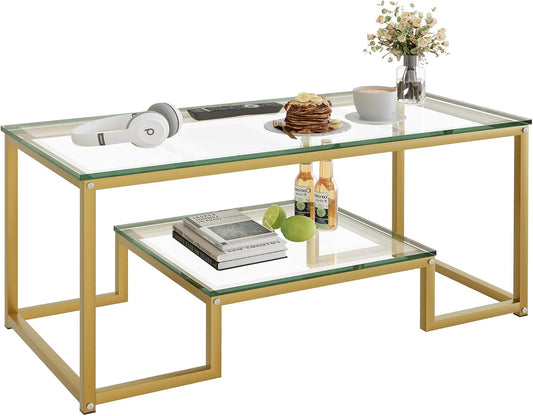 Coffee Table Gold Glass Coffee Table for Living Room,2 Tiers Rectangle Center Table with Sturdy Metal Frame,Modern Tempered Glass Accent Table for Bedroom Home Office