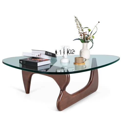 Triangle Glass Coffee Table Modern Coffee Table, with Vintage Clear Glass, and Solid Wood Base, End Table for Living Room, Office, Balcony, Patio (Dark Walnut)