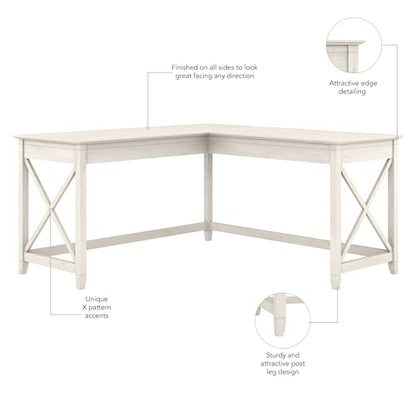 Key West 60W Modern Farmhouse L Shaped Desk in Linen White Oak, 60-Inch Corner Computer Table for Home Office Workspace
