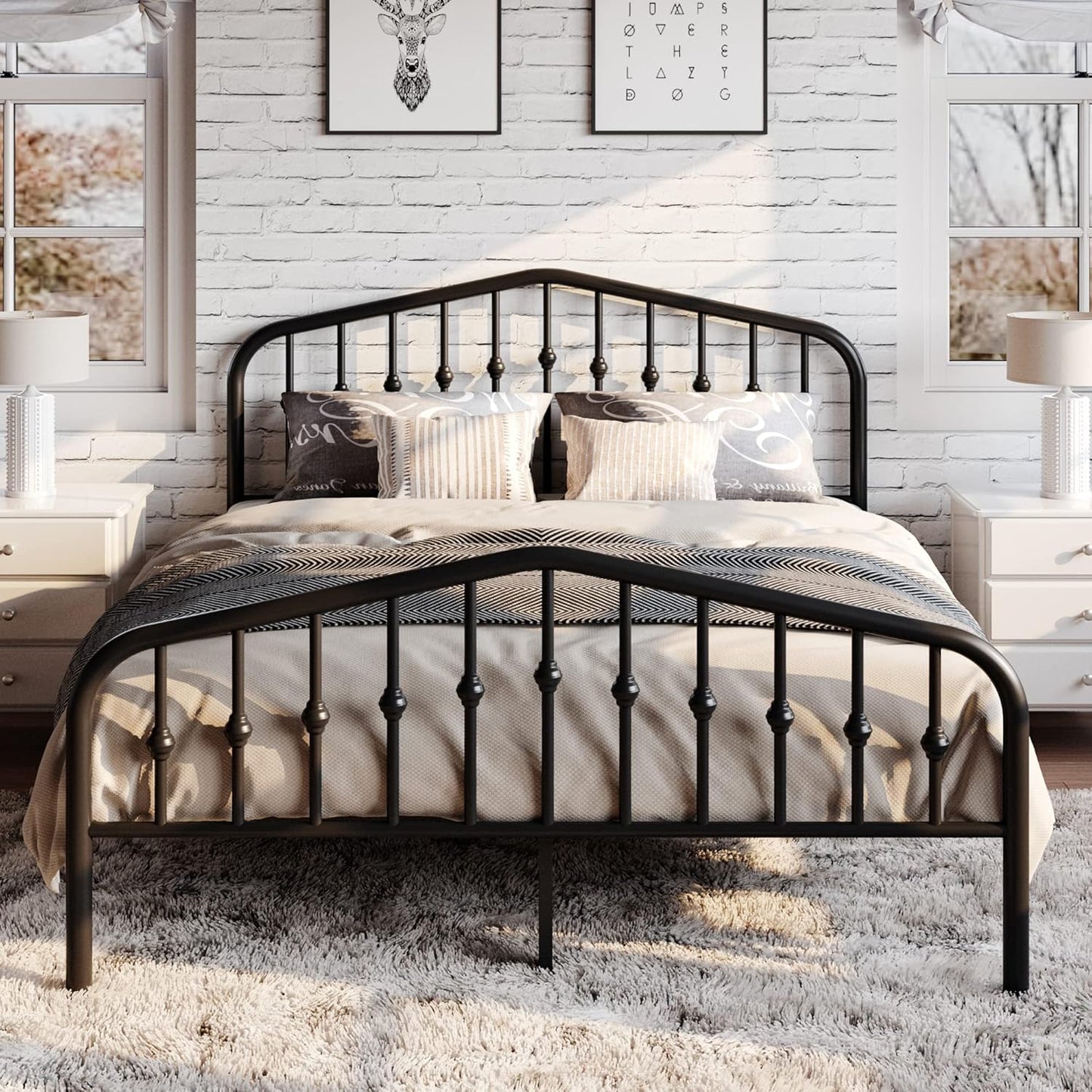 Queen Size Metal Platform Bed Frame with Victorian Style Wrought Iron-Art Headboard/Footboard, No Box Spring Required, Black