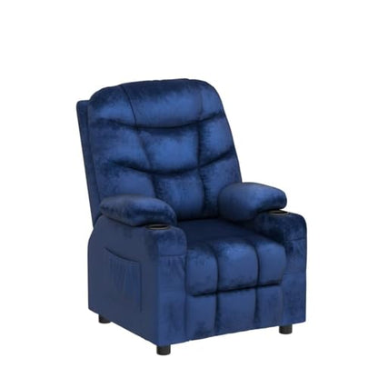 Kids Recliner Chair with Cup Holder, Adjustable Velvet Lounge Chair w/Footrest & Side Pockets for Children Boys Girls Room, Ergonomic Toddler Furniture Sofa Gifts, Kids Recliner (Blue)