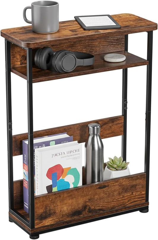 Narrow Side Table,3-Tier Slim End Table with Storage Shelf,Modern Sofa Table Thin Side Table for Narrow and Small Spaces, Skinny Bedside Table Small Nightstand with Magazine Rack Space Saving/Brown